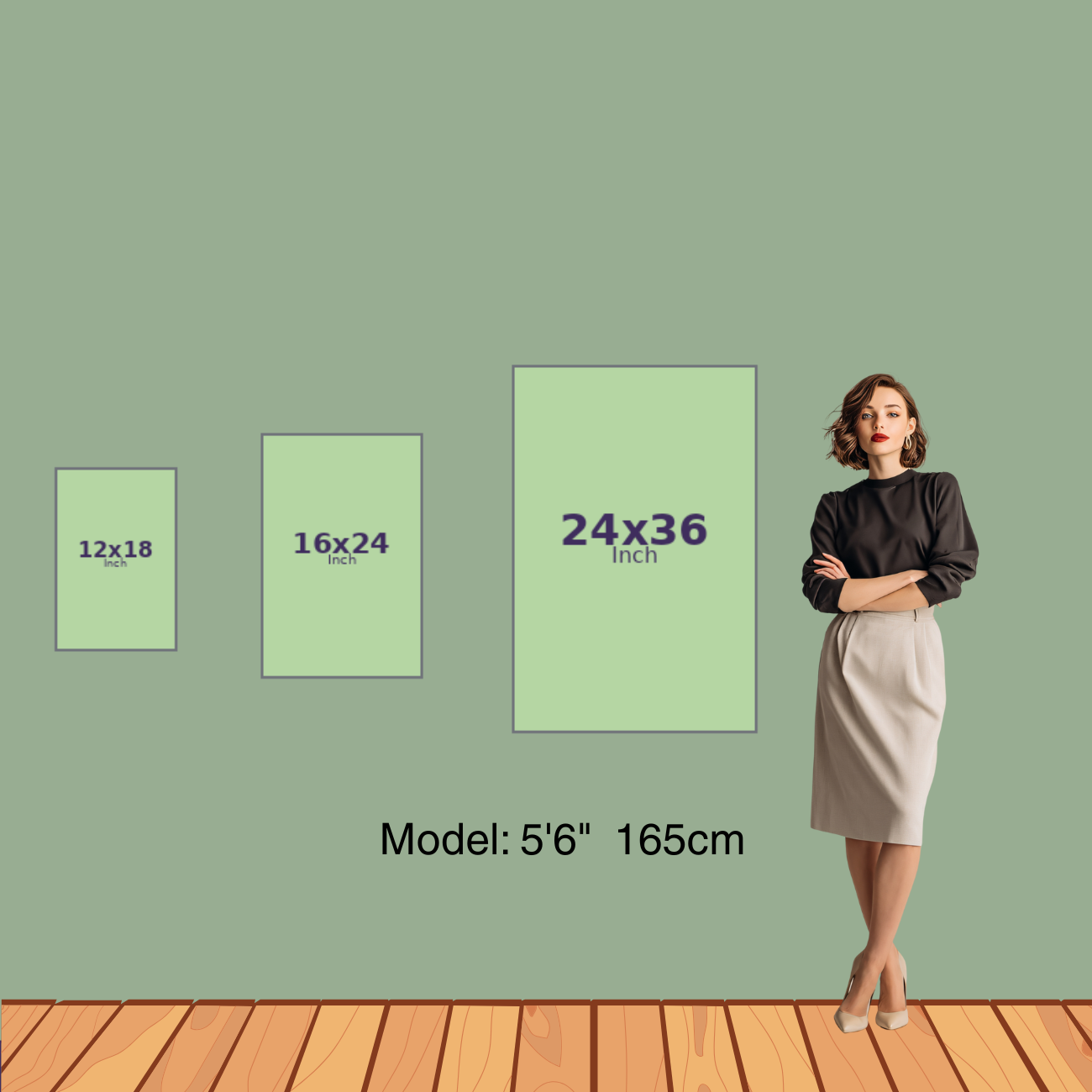 Woman standing next to different size frames on a wall with measurements displayed.