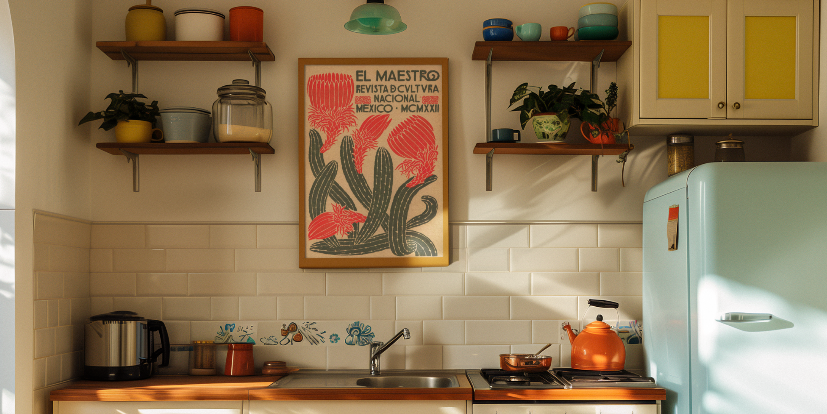 Kitchen with vintage-style refrigerator, stove, and shelves with decorative items.