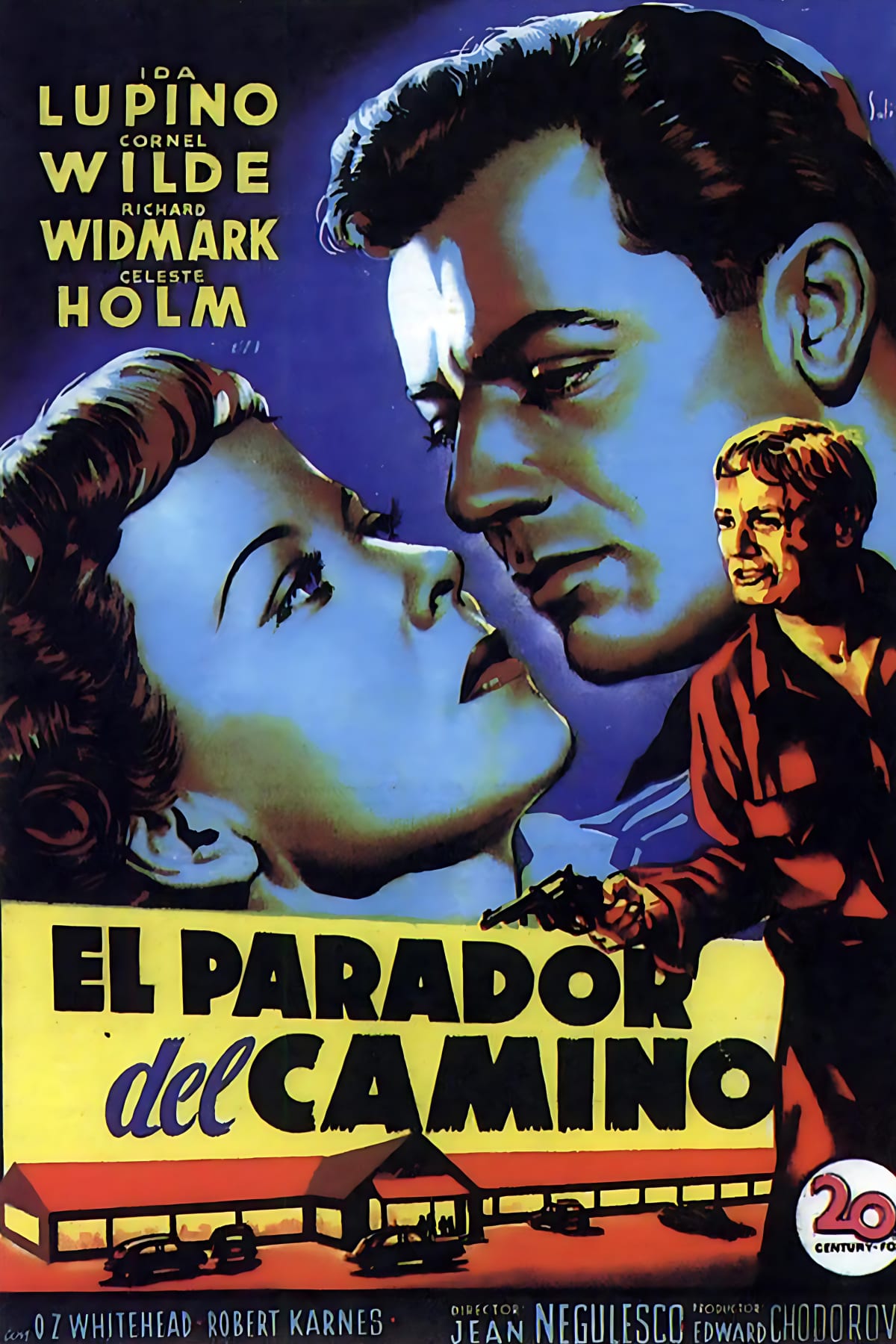 El Parador del Camino — Spanish-language film noir poster art in blue monochrome