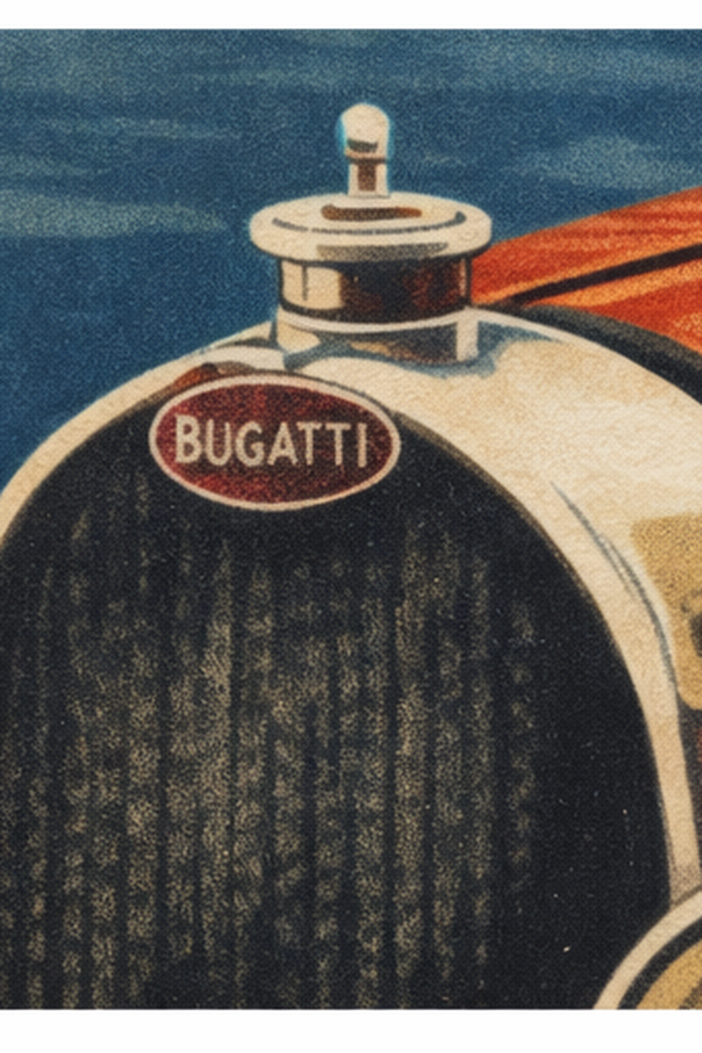 Detail crop of the oval Bugatti badge and radiator grille