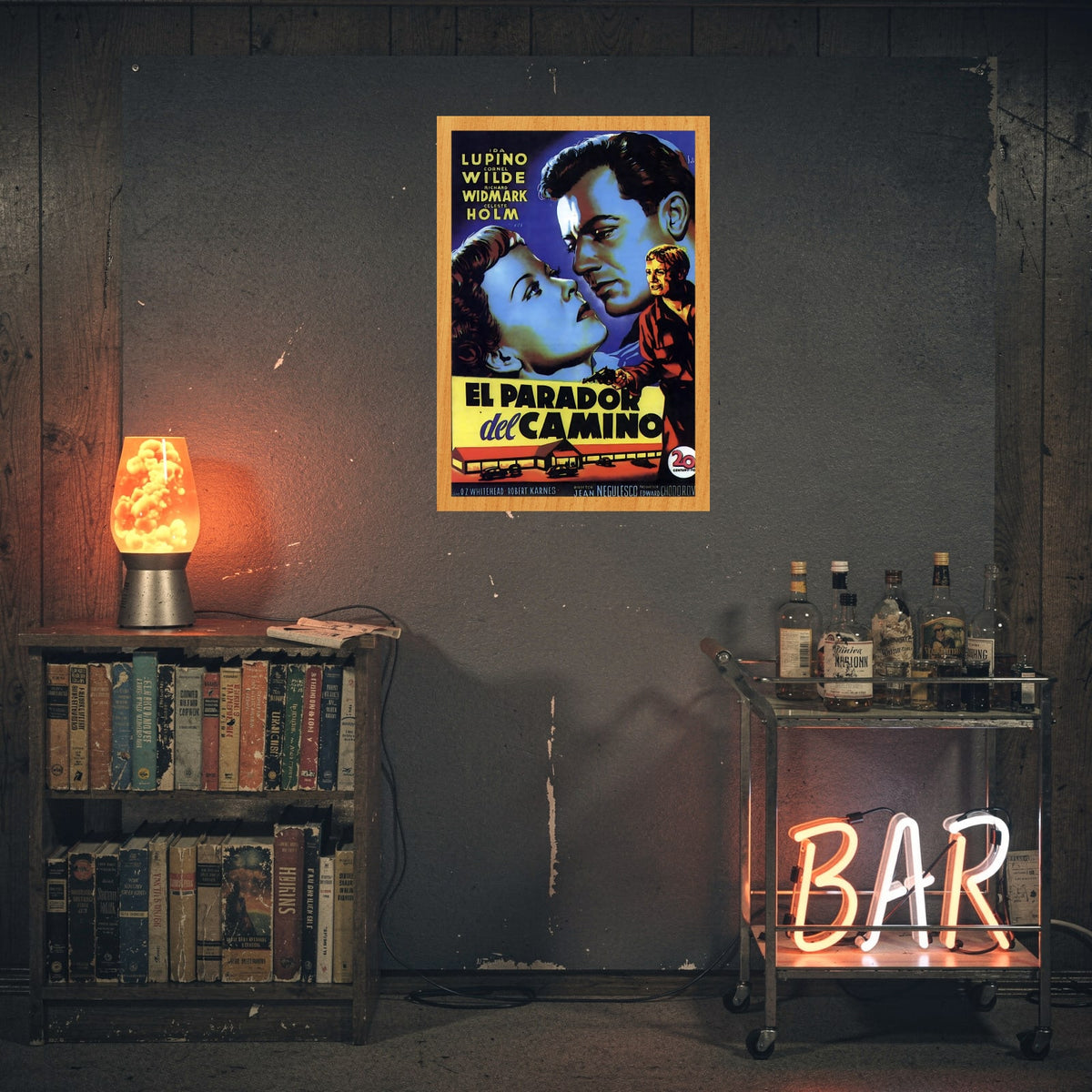 El Parador del Camino Spanish film noir poster framed in natural wood on a den wall